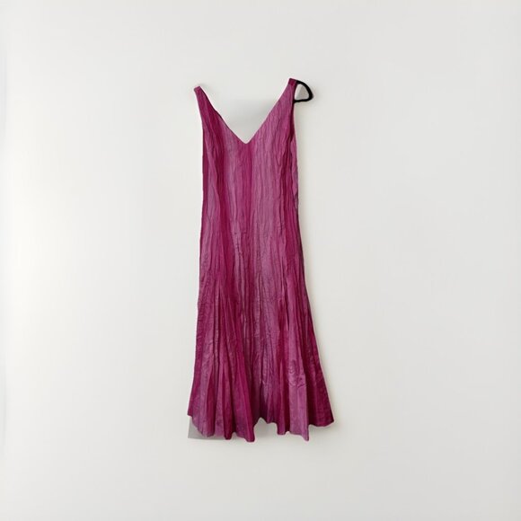 Lauren Ralph Lauren 100% Silk Bright Pink Crinkle A-Line Midi Dress Sz 8 - Picture 2 of 5